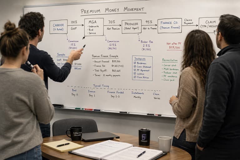Functional Finance team at a whiteboard mapping premium money movement