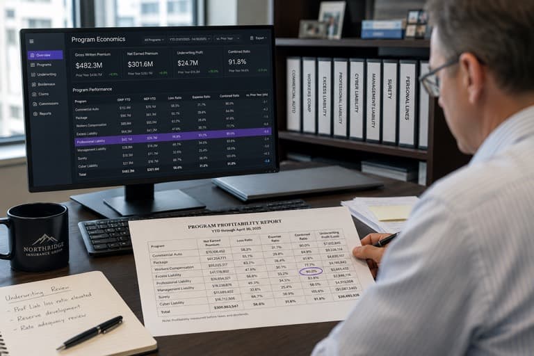 Program profitability report beside a carrier program-economics dashboard