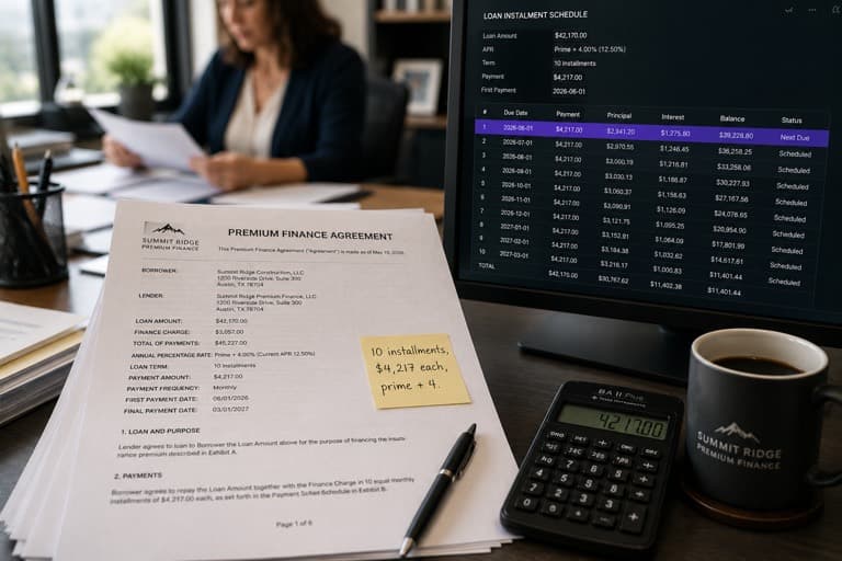 Printed premium finance agreement with its installment schedule on screen