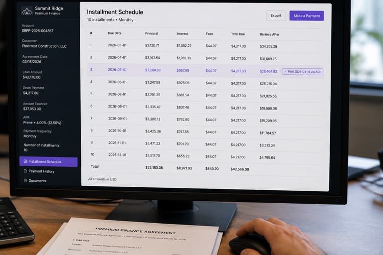 Installment schedule screen flagging a collection timing gap