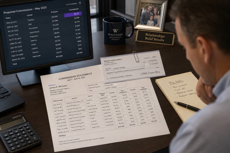 Producer commission statement with next month's projected commissions on screen