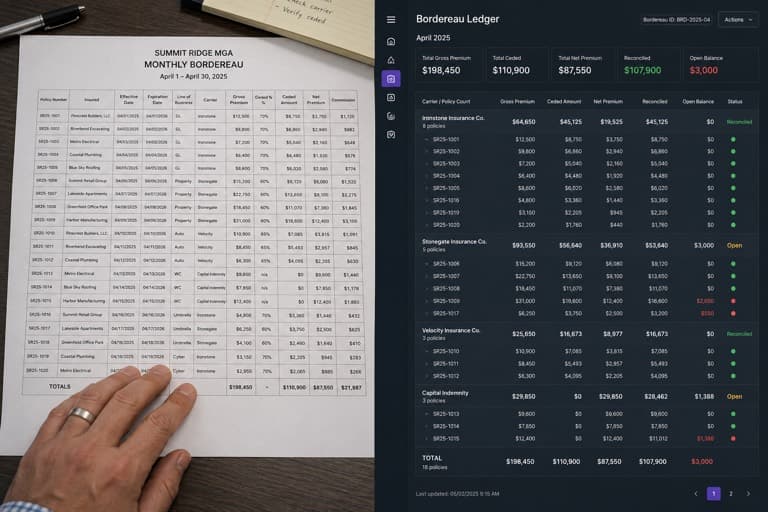Monthly bordereau spreadsheet reconciled against a structured ledger