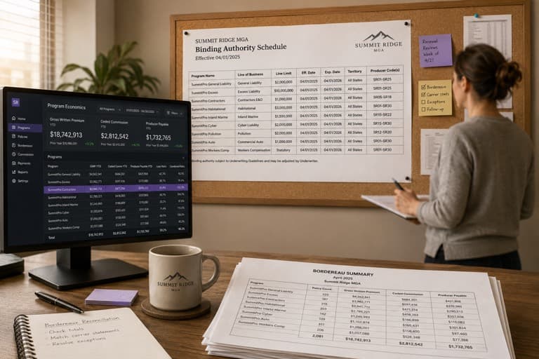 Binding authority schedule on a board beside an MGA program-economics dashboard