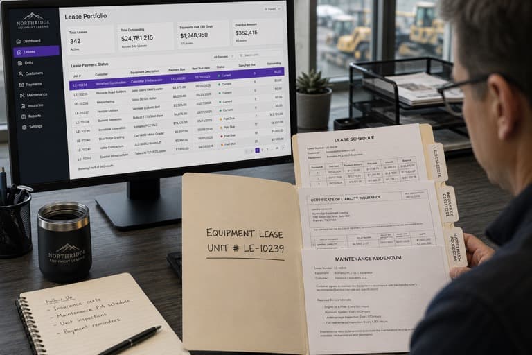 Equipment lease folder beside a lease portfolio dashboard