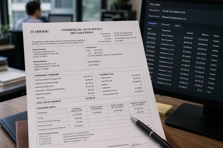 Insurance policy declarations page beside its matching ledger