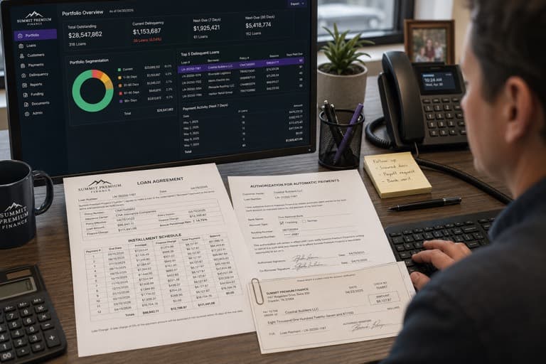 Premium finance loan agreement beside a loan portfolio dashboard