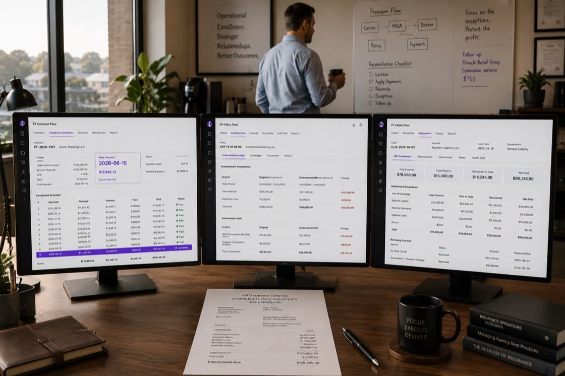 Three monitors showing Policy Flow, Contract Flow, and Claims Flow ledger views