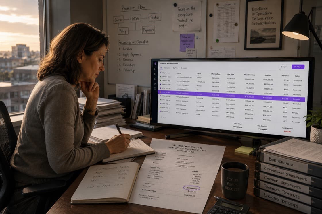 Insurance operations desk: a printed policy and a reconciled ledger on screen
