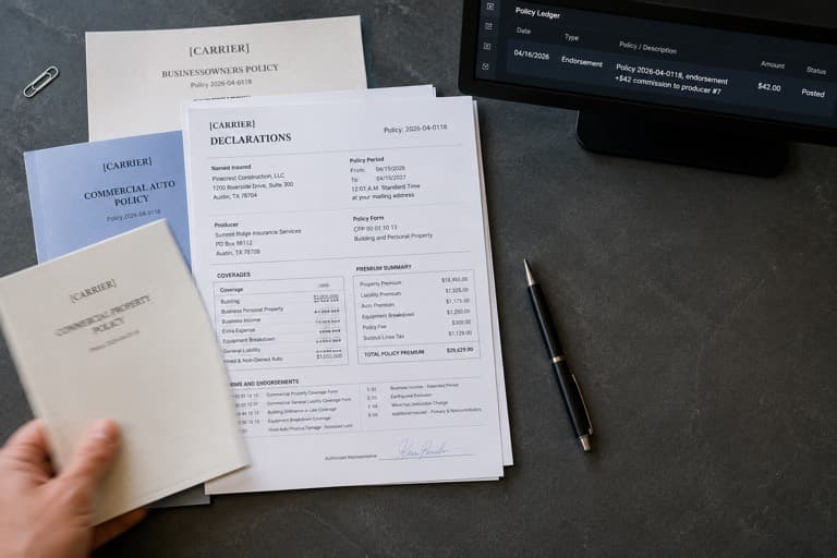 A stack of insurance policy booklets beside a ledger line on screen