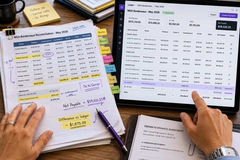 A printed spreadsheet with handwritten notes beside the same data as a structured ledger