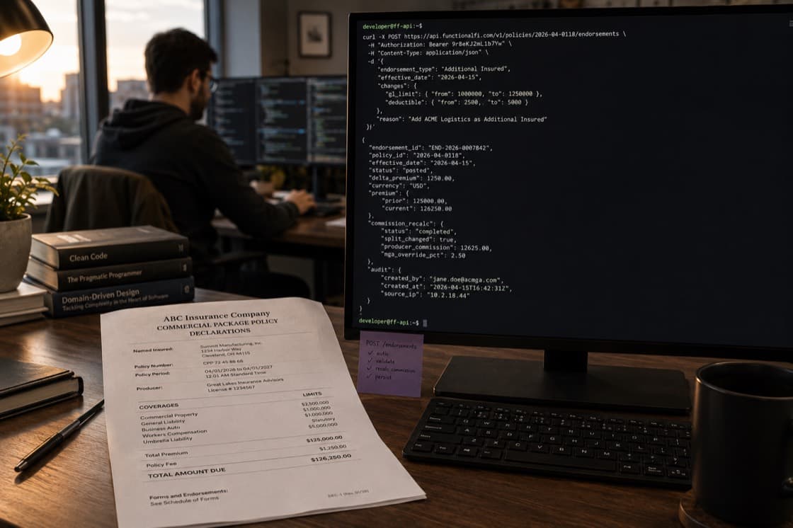 A developer's desk: a printed policy and a terminal showing a policy endorsement API response