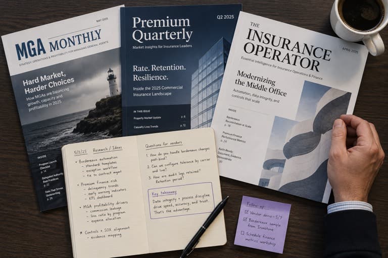 Insurance industry trade journals fanned on a desk with handwritten notes